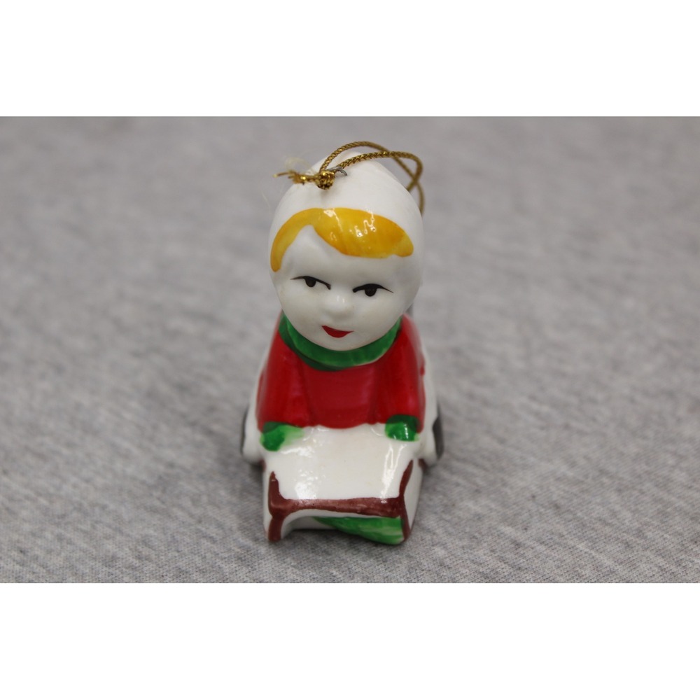 Christmas Ornament White Child on Sled Vintage Ceramic Holiday Decor